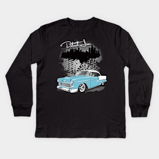 1955 Skyline Blue Chevy Bel Air Detroit Iron Print Kids Long Sleeve T-Shirt